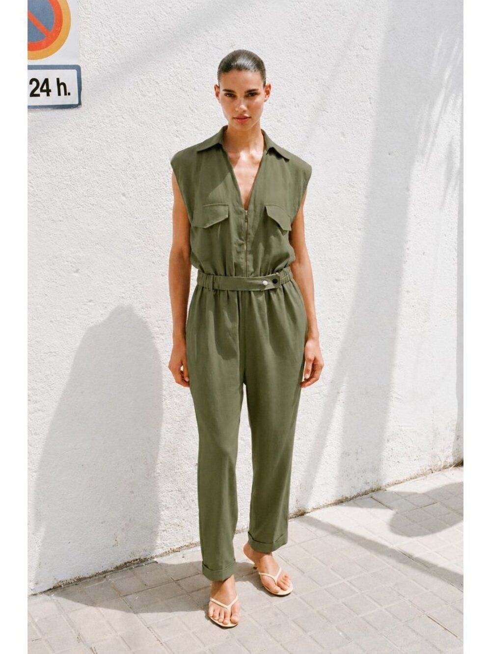 Zara Womens Jumpsuit Medium Olive Green Sleeveless Linen Blend 8166/709 NWoT